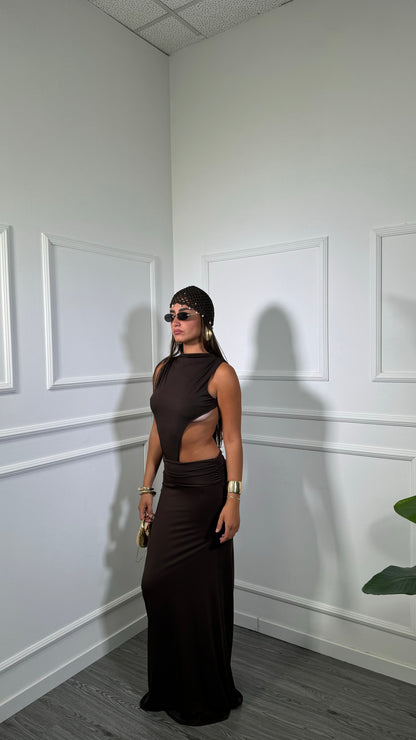 Abito lungo in lycra cut out Malesia cioccolato 2529