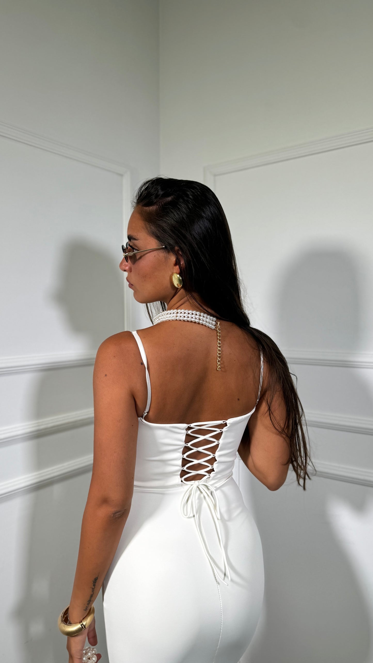 Abito lungo in lycra con pizzo Kendra panna