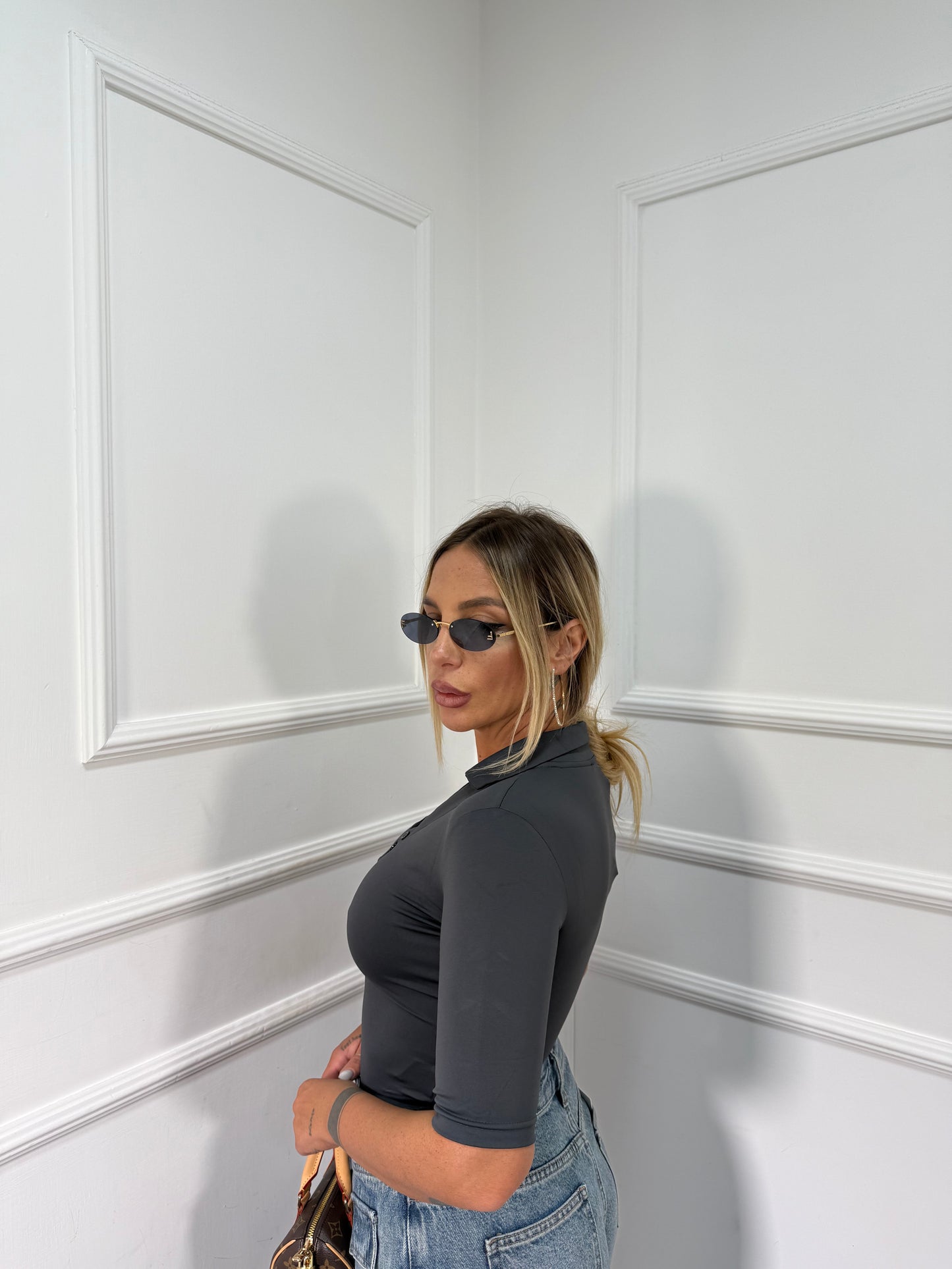 Body polo in lycra con bottoncini grigio antracite rtt59025