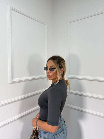 Body polo in lycra con bottoncini grigio antracite rtt59025