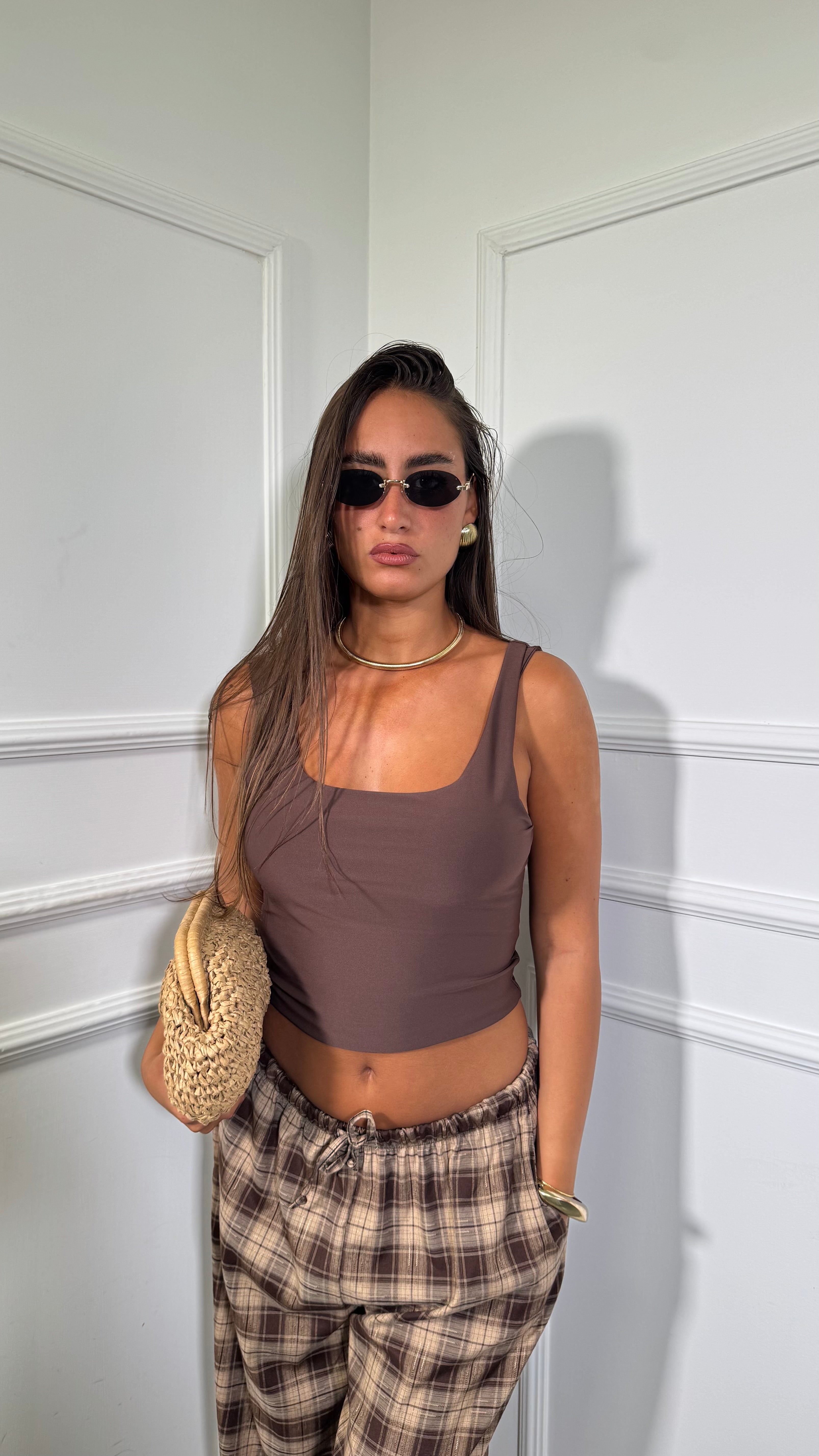 Top in lycra scollo squadrato Bernys marrone
