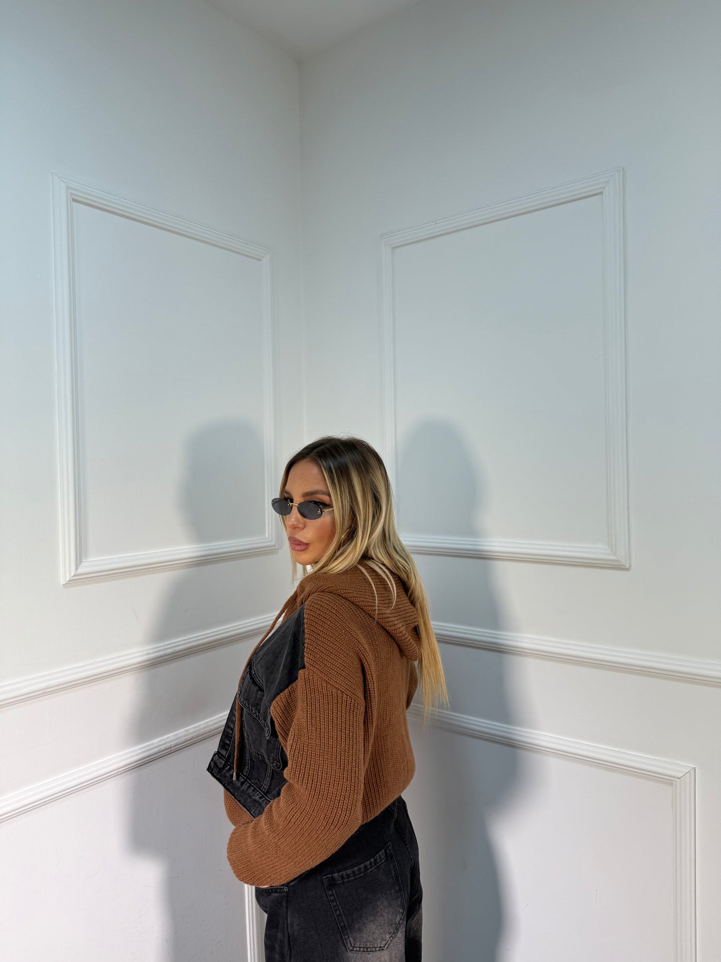 Felpa con zip e finto gilet denim Dawson nero/cacao 0135