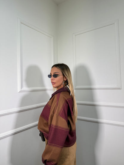 Felpa polo in pile bordeaux/camel Janet 60672