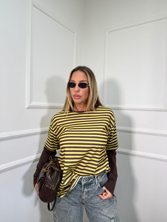 Shirt a righe con doppia manica Camy gialla/cacao 3626
