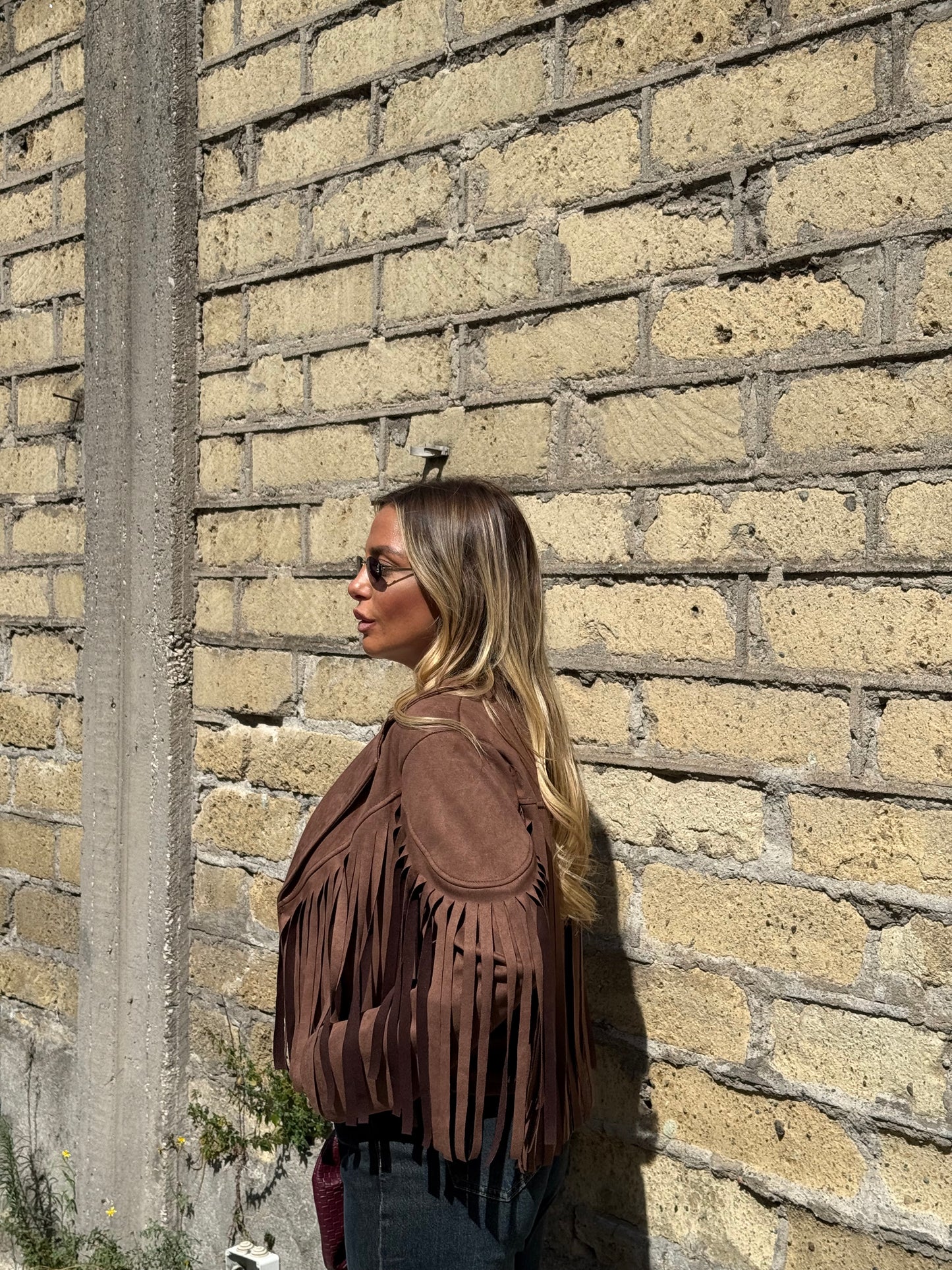 Giacca crop eco camoscio con frange West cuoio