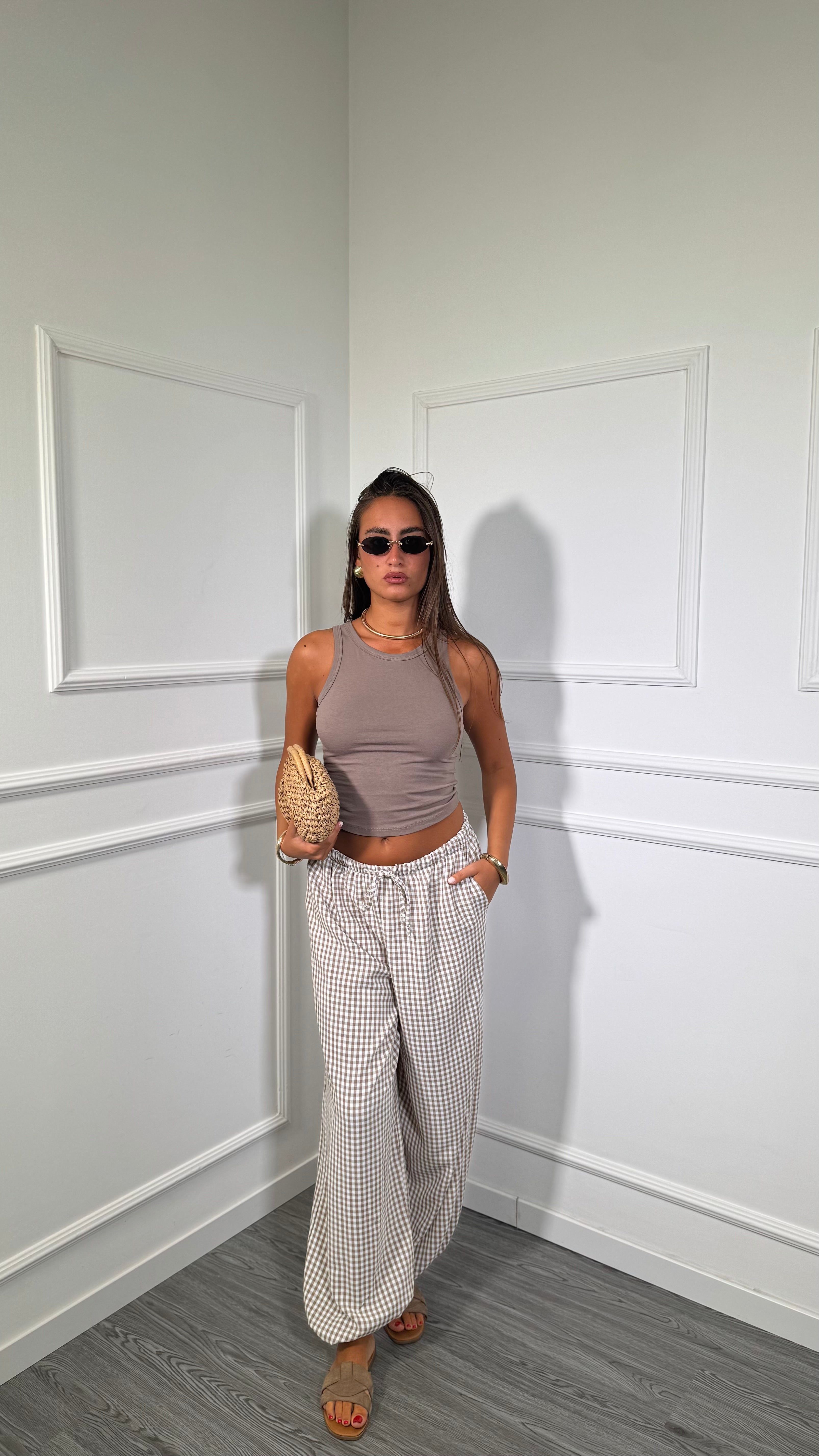 Pantaloni balloon a quadretti Yara Taupe