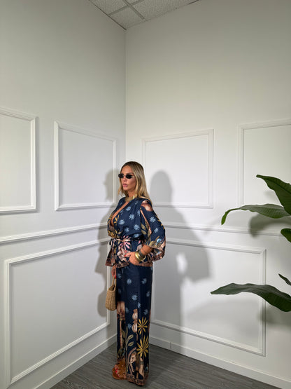 Coordinato in satin con kimono India blu
