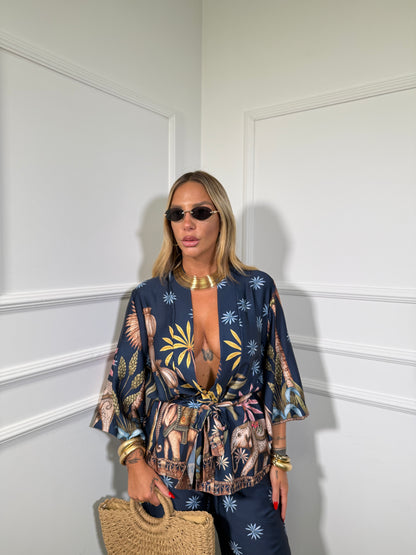Coordinato in satin con kimono India blu
