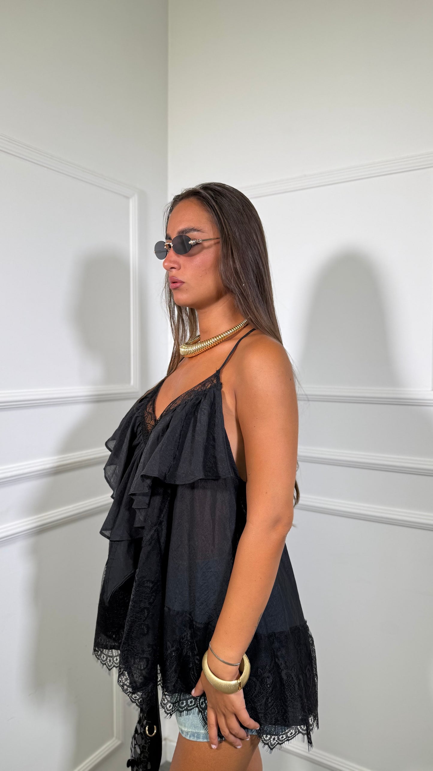 Top in chiffon con pizzo Anacapri nero l2612