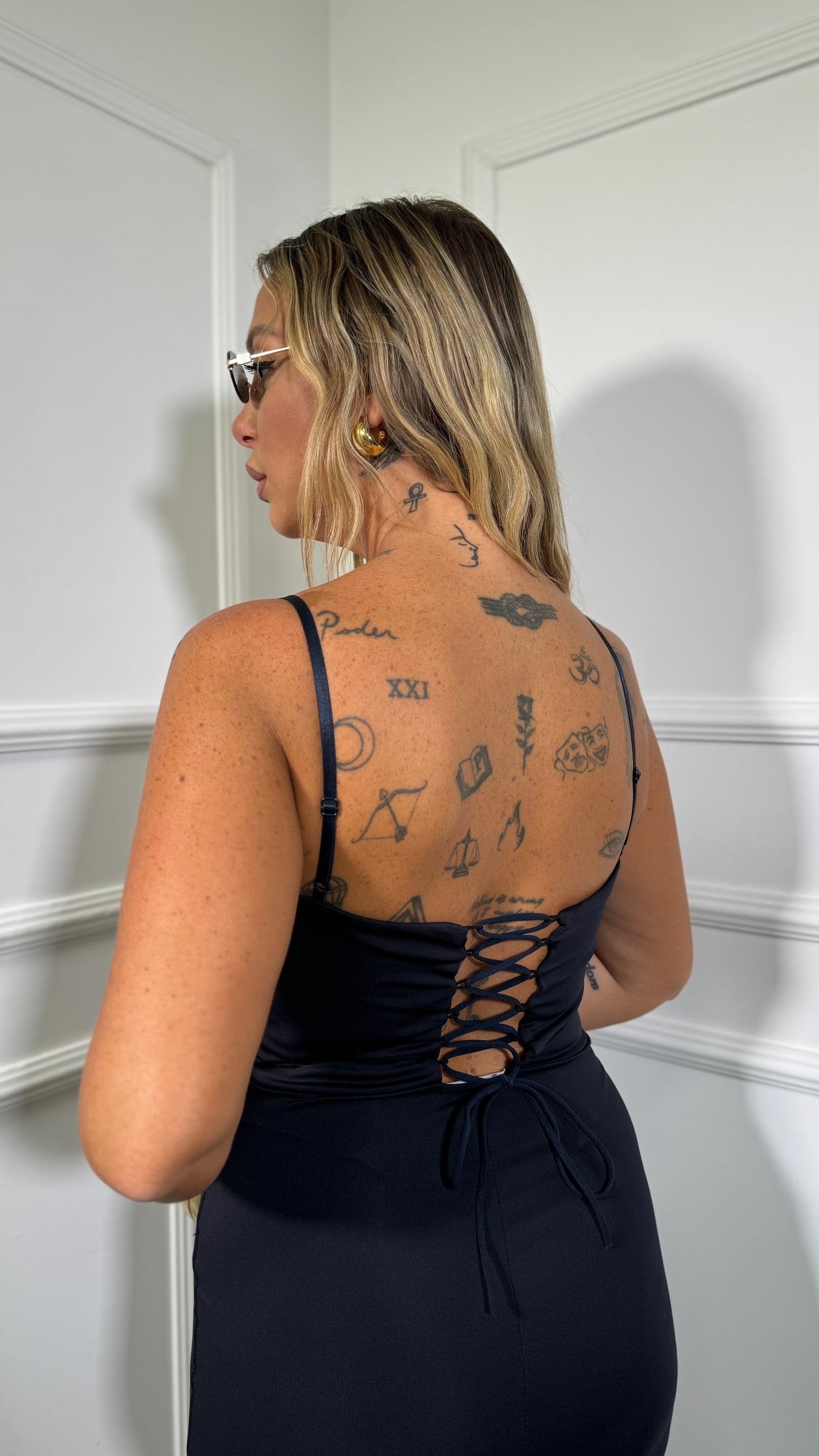 Abito lungo in lycra con pizzo Kendra blu notte