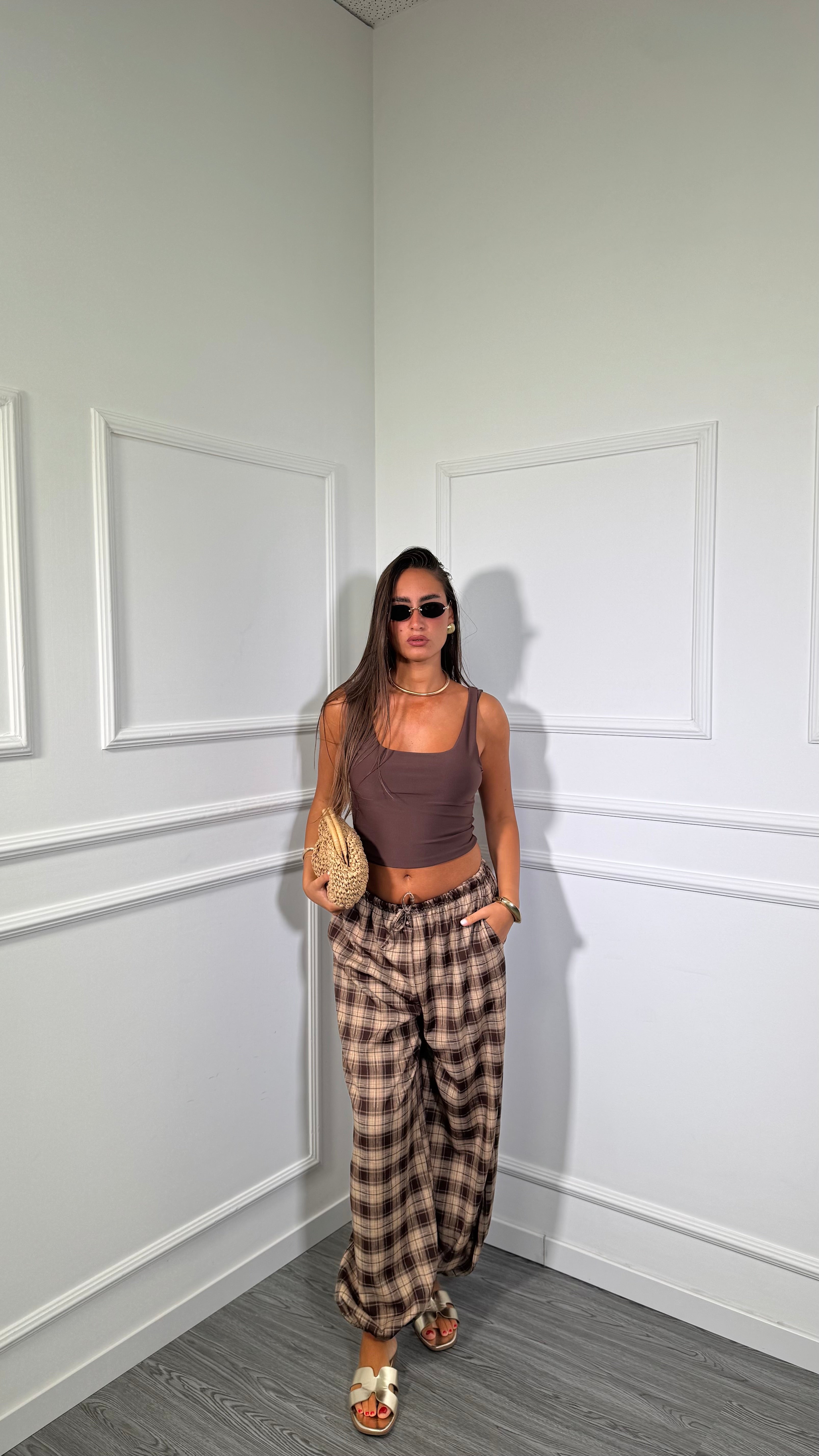 Pantaloni balloon a quadroni marrone/taupe 6651
