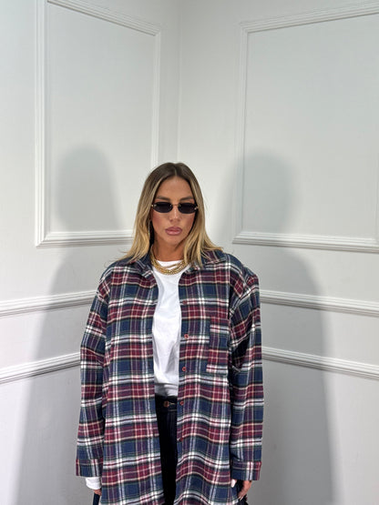 Camicia oversize in flanella con spalline Marshal blu/bordeaux 25765