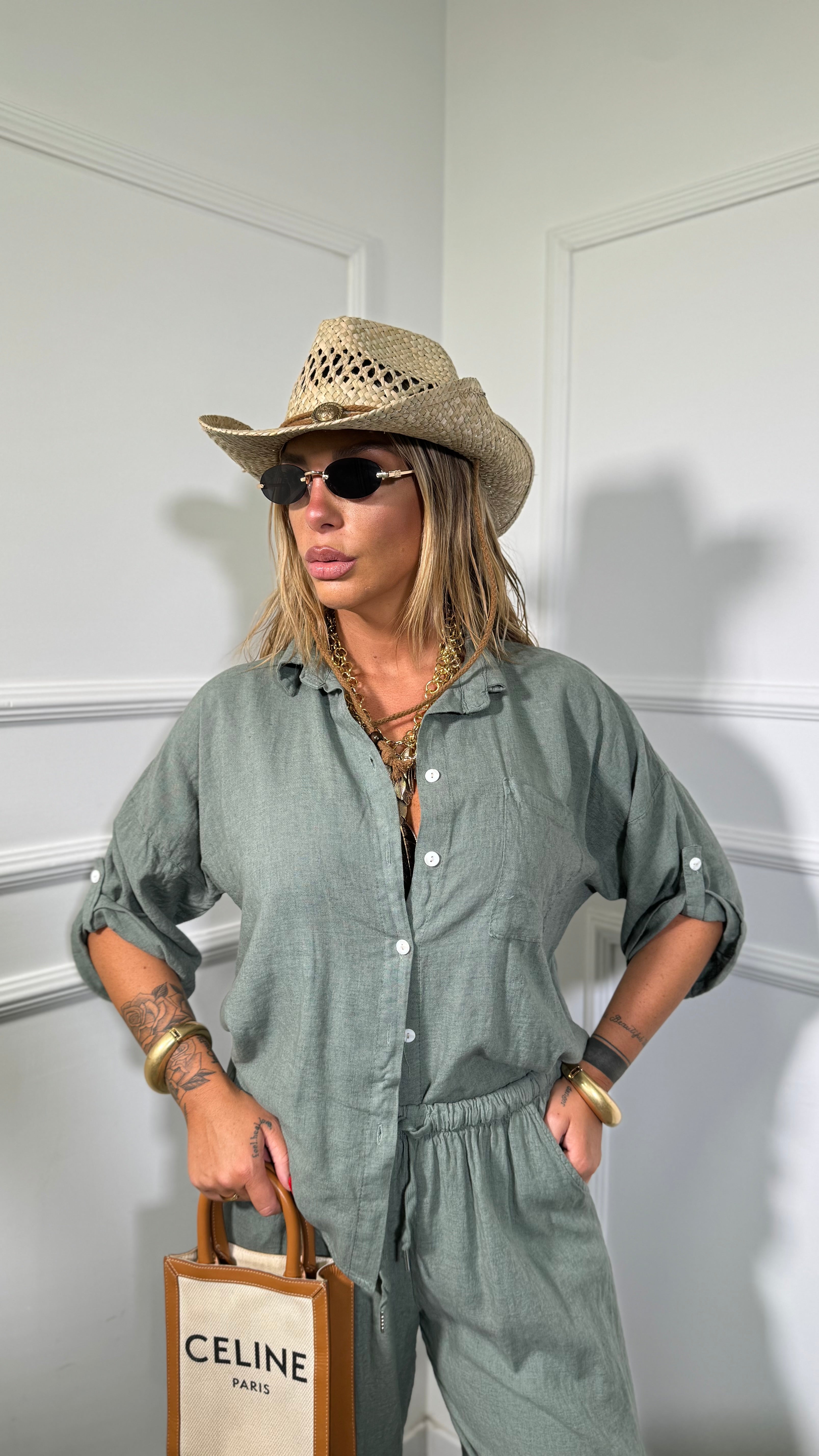 Coordinato in lino (SLIM XS a L) Shaty verde militare 25192