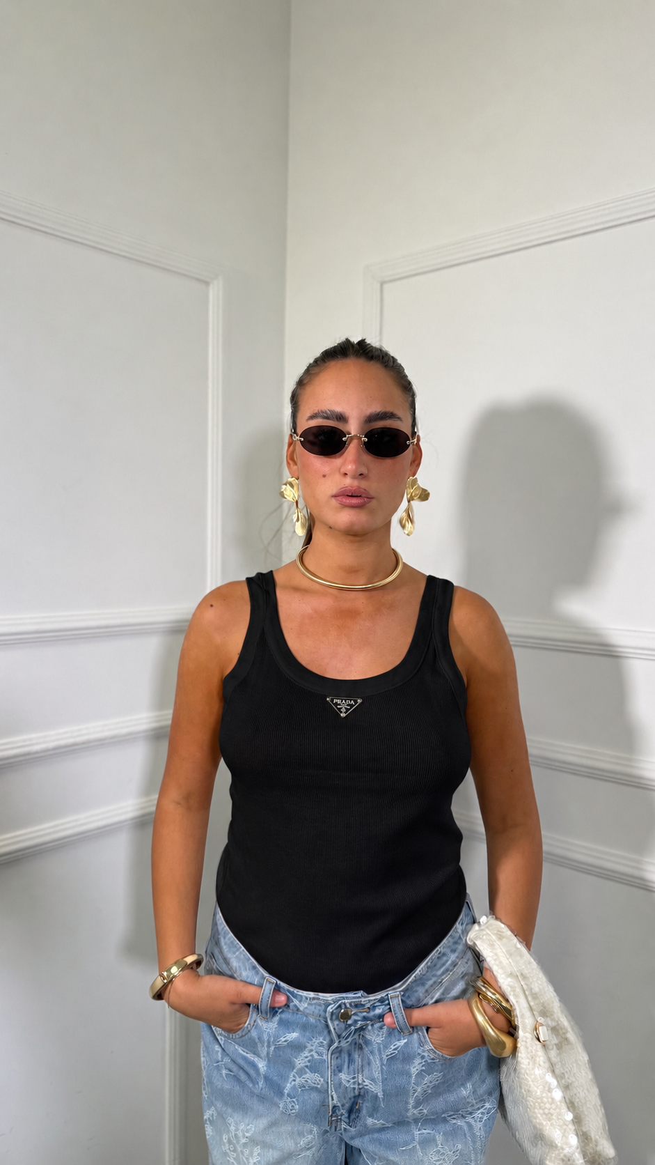Canotta a costine con logo nera
