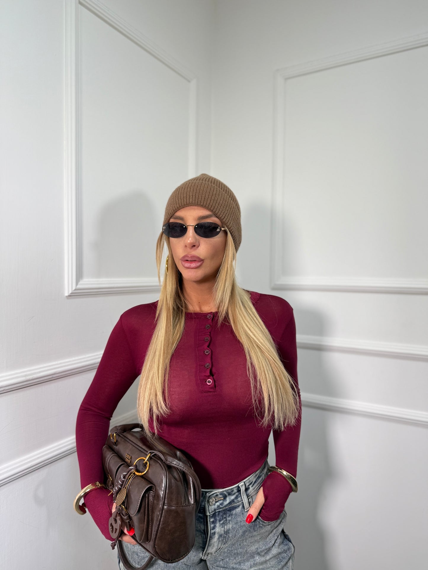 Shirt semi velata con bottoncini e manica a guanto Life bordeaux 25780