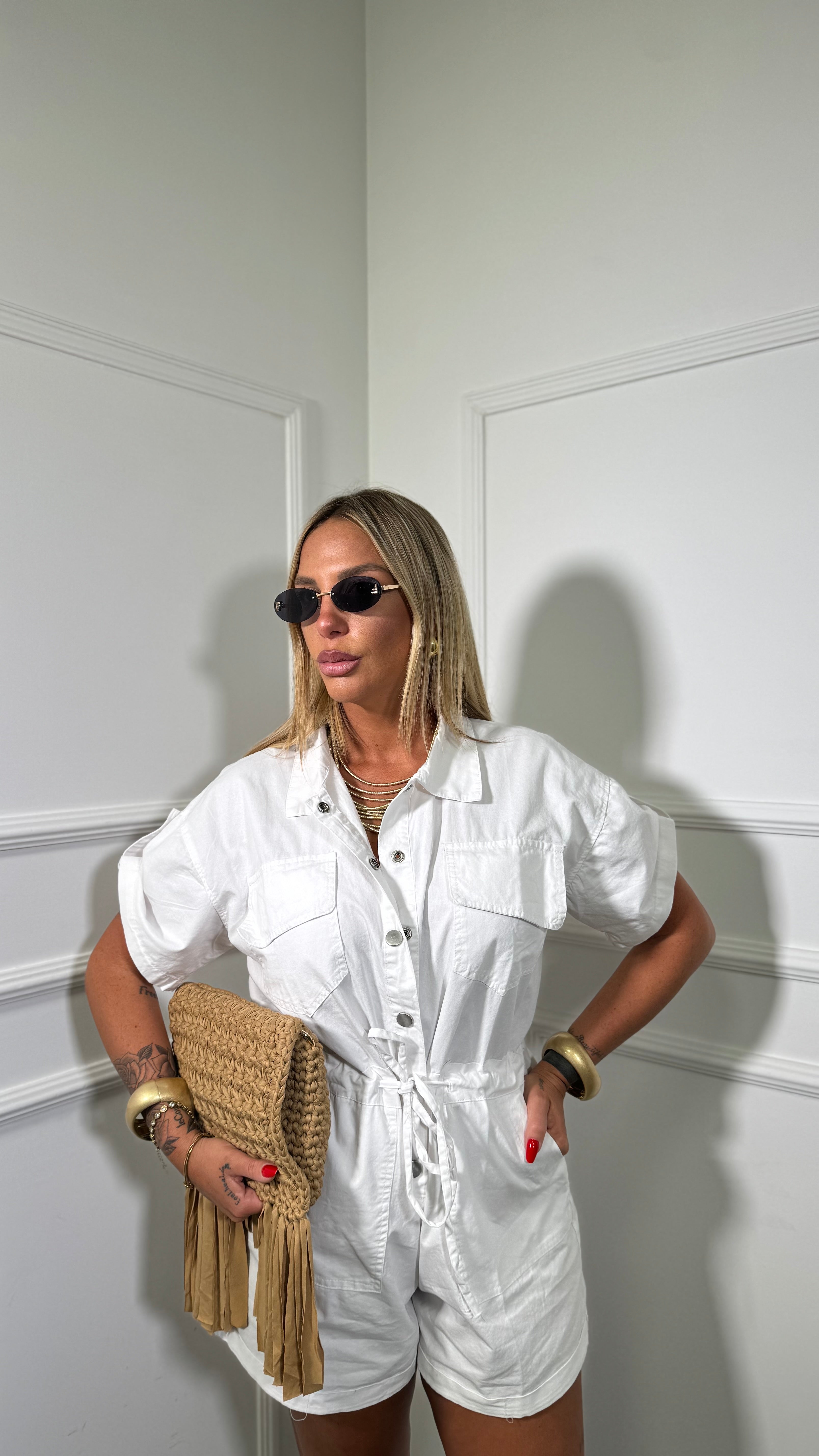 Jumpsuit in cotone con coulisse Benidorm bianca 2133