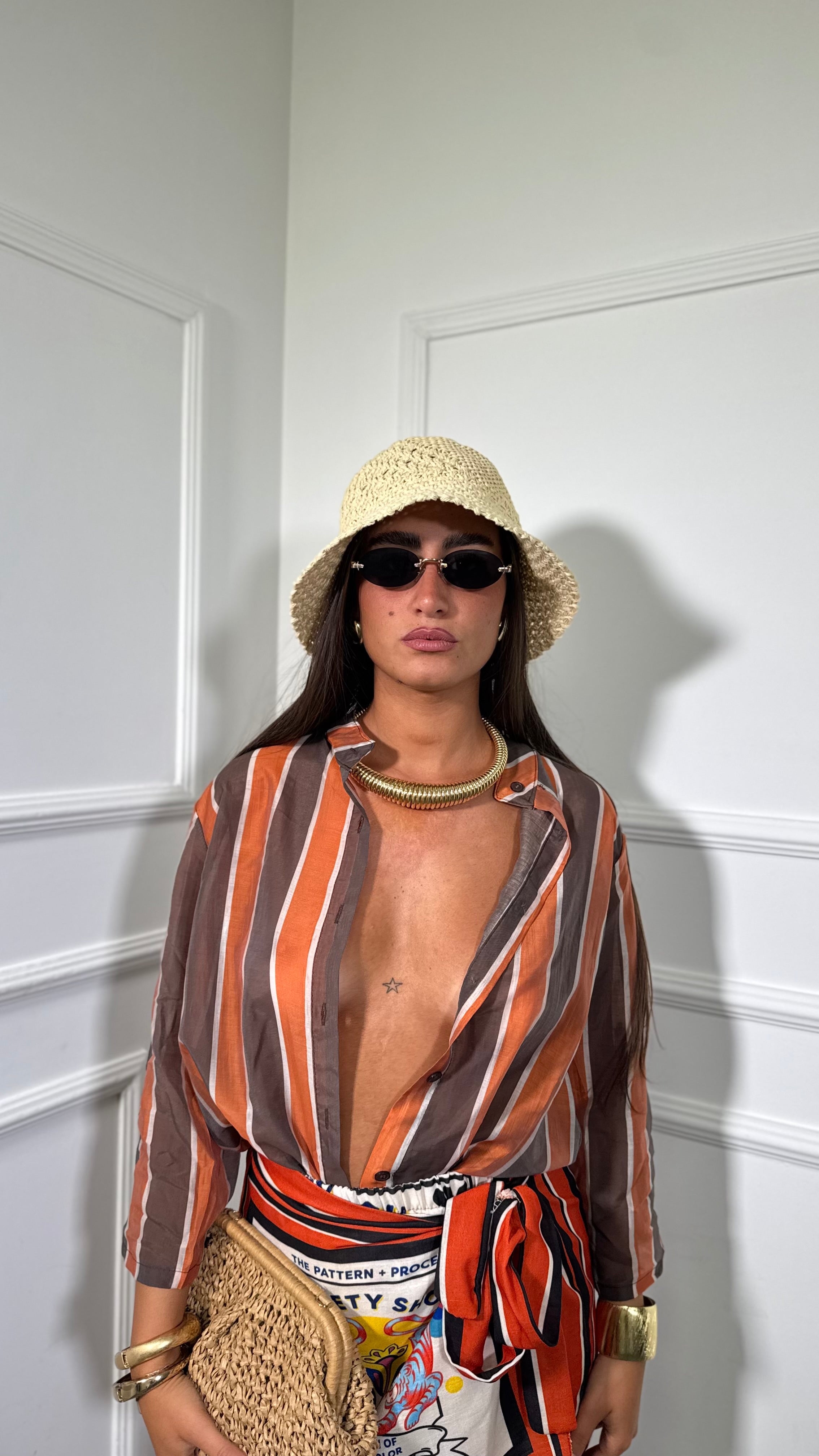 Camicia coreana semi velata a righe Jappo arancione/cioccolato  20392