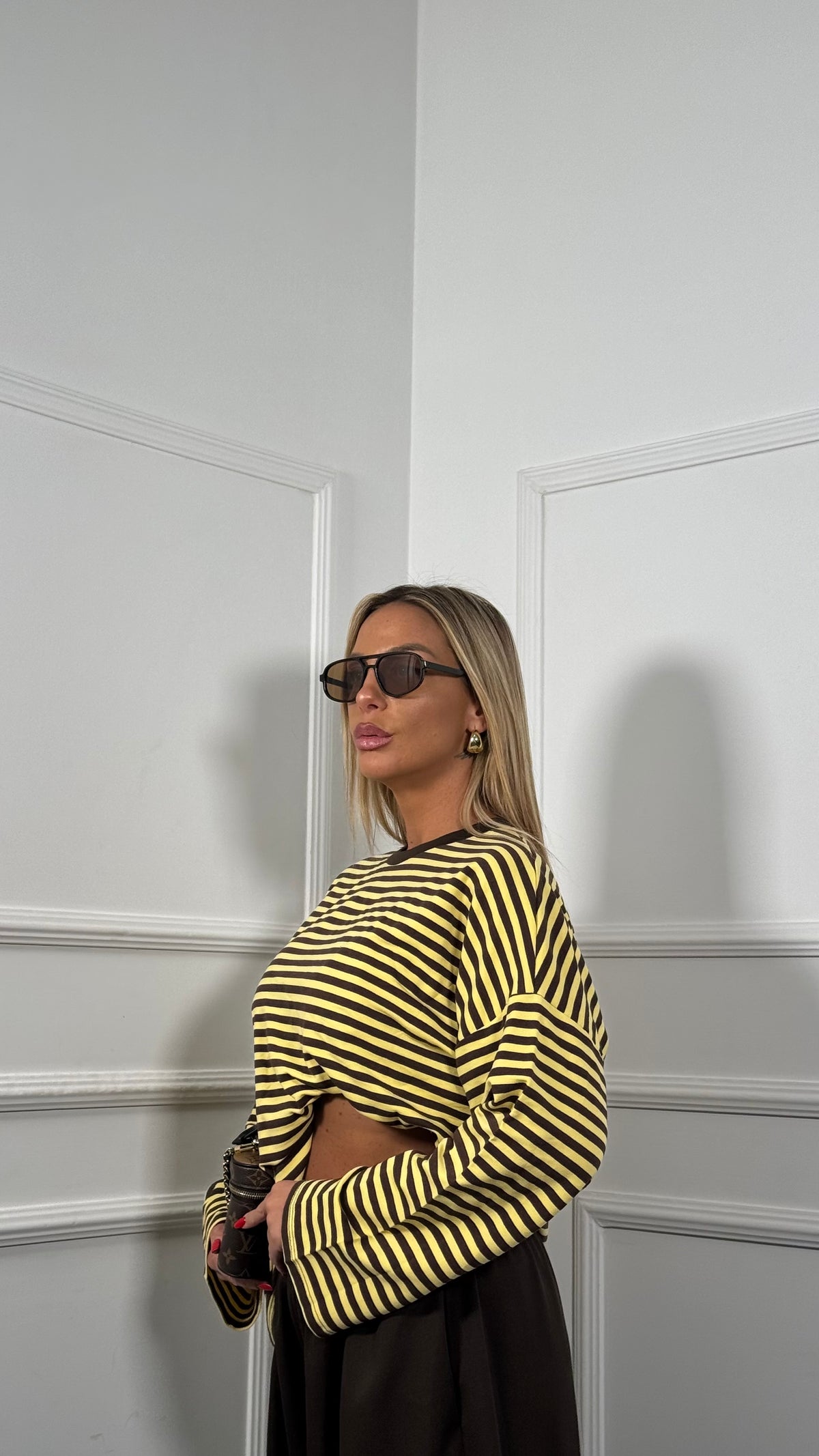 Shirt oversize a righe manica svasata Desy cioccolato/giallo 37990