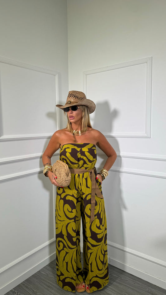 Jumpsuit misto lino fantasia floreale Estrella marrone/verde acido 15530