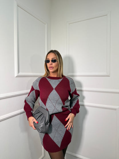 Coordinato rombi in maglia Jolie bordeaux/grigio 025829