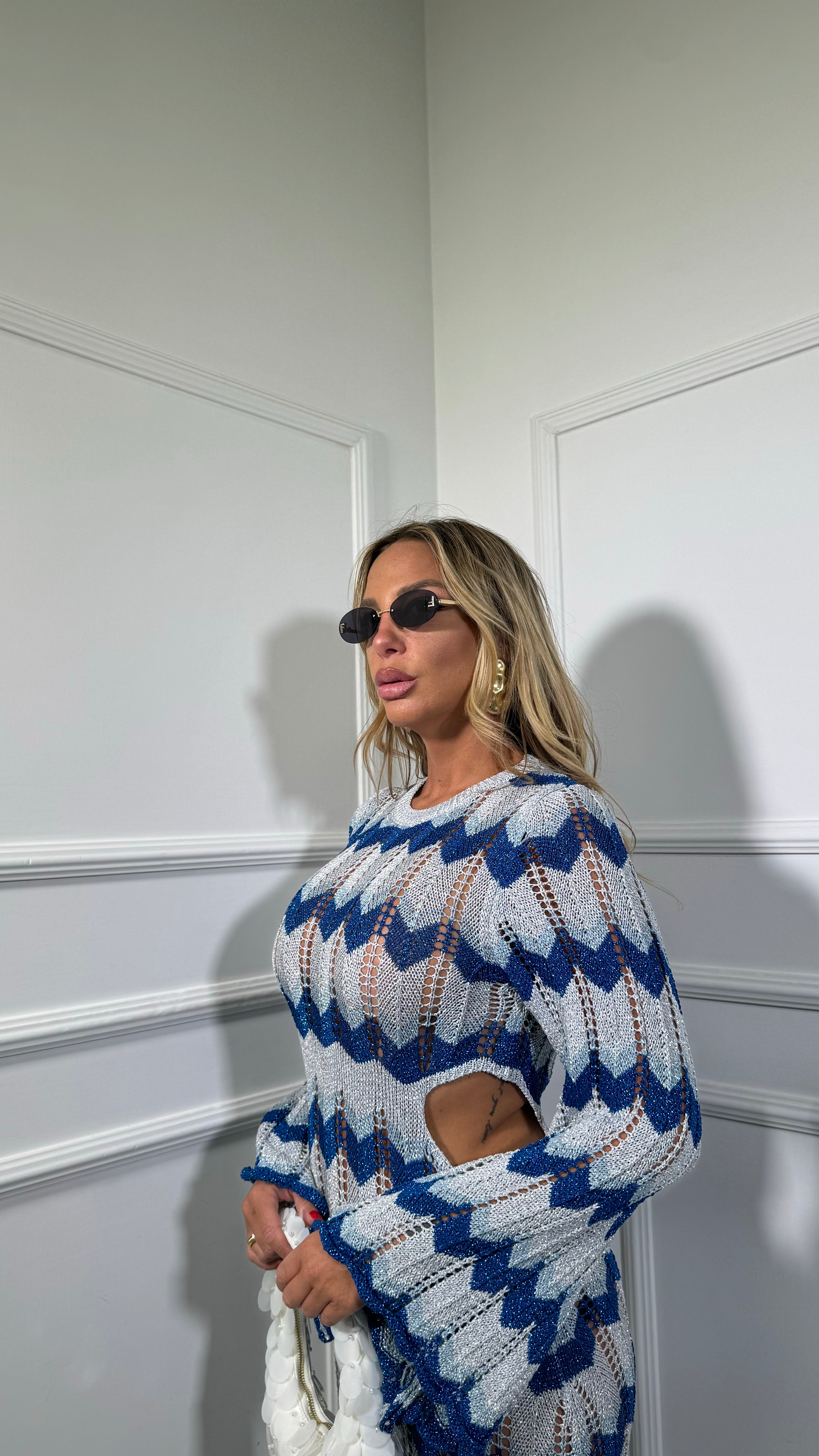 Abito lungo zig zag in lurex cut out azzurro/blu 8061