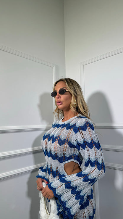 Abito lungo zig zag in lurex cut out azzurro/blu 8061
