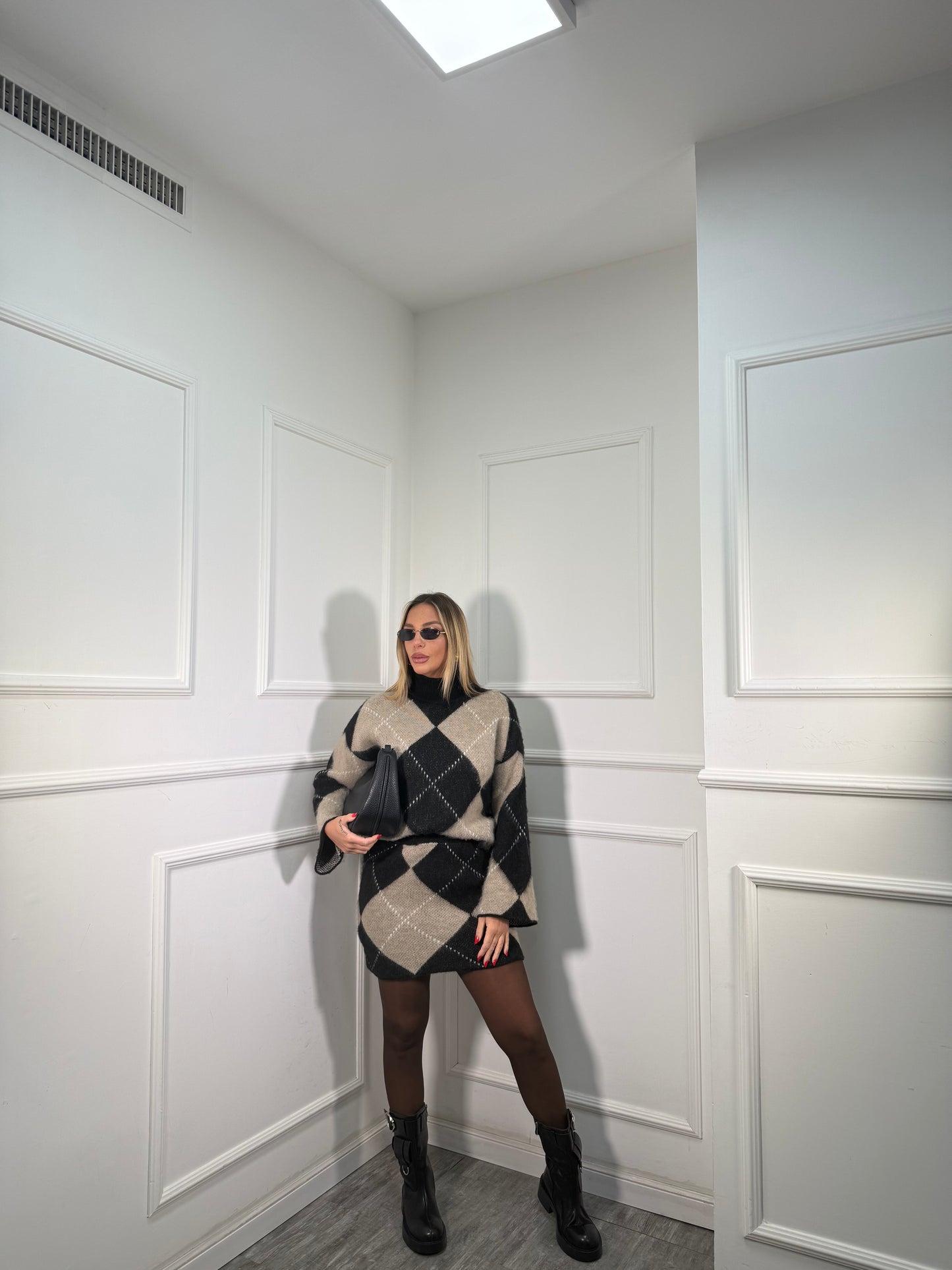 Coordinato rombi in lana cotta Joy nero/beige