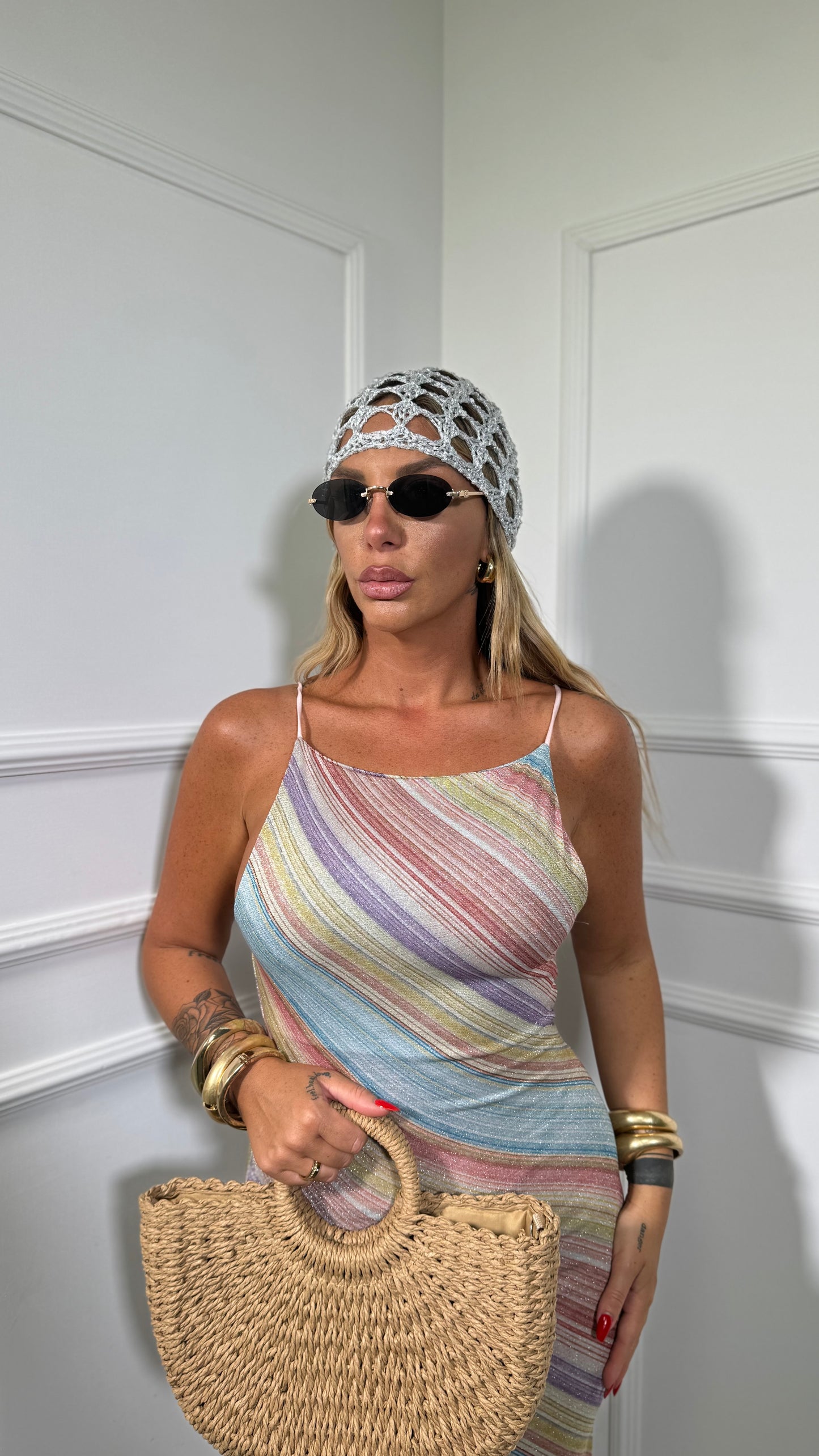 Abito midi in lurex Rainbow azzurro