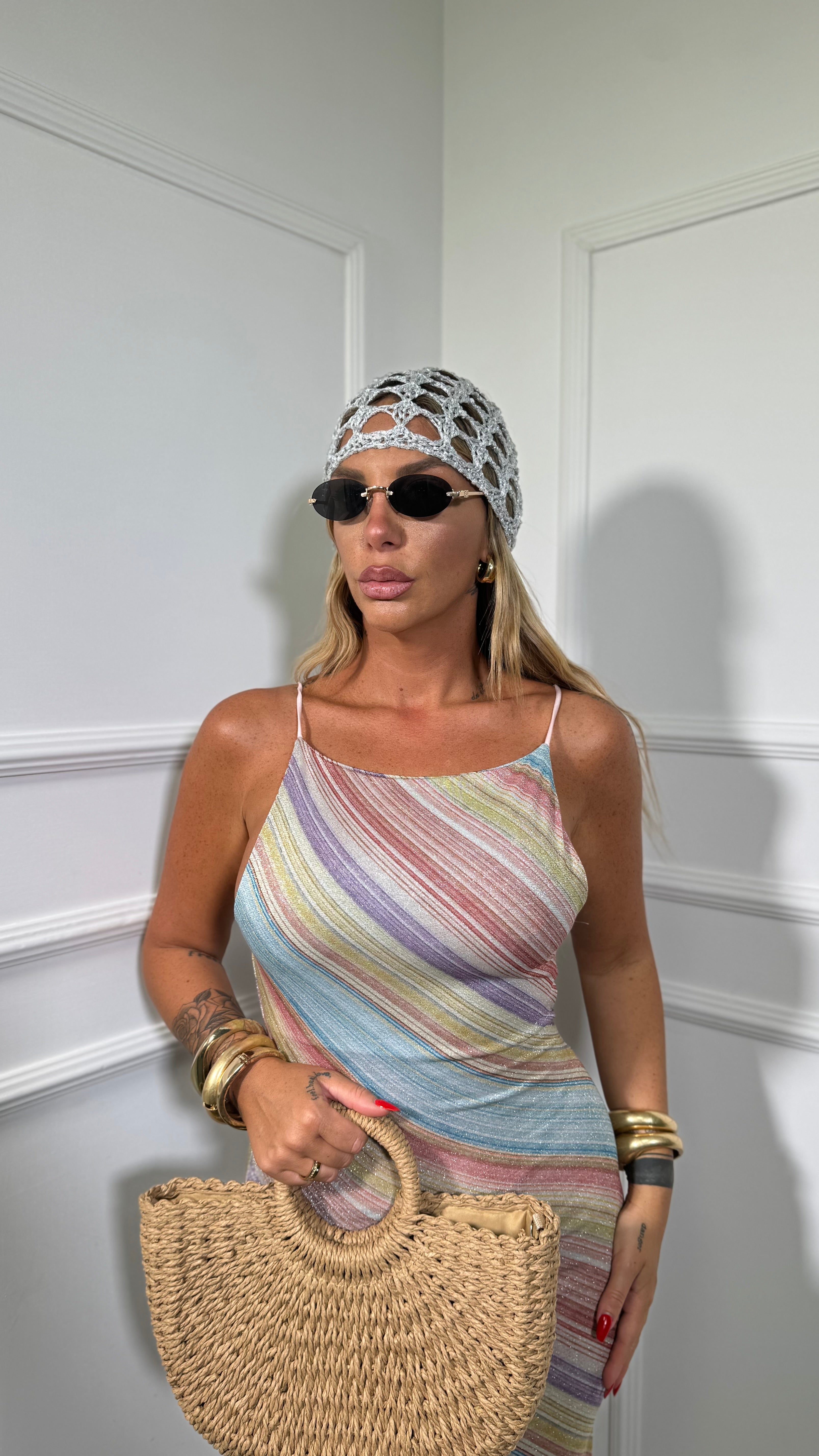 Abito midi in lurex Rainbow azzurro