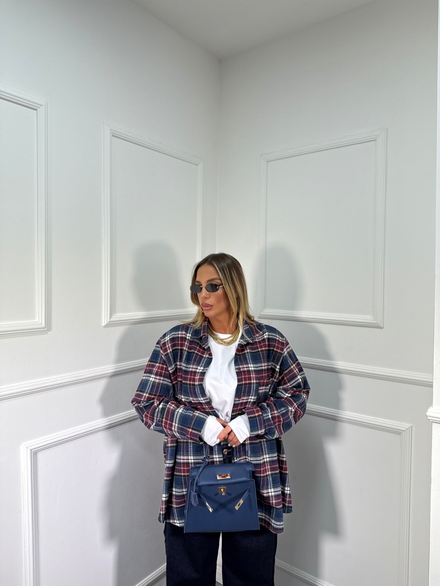 Camicia oversize in flanella con spalline Marshal blu/bordeaux 25765