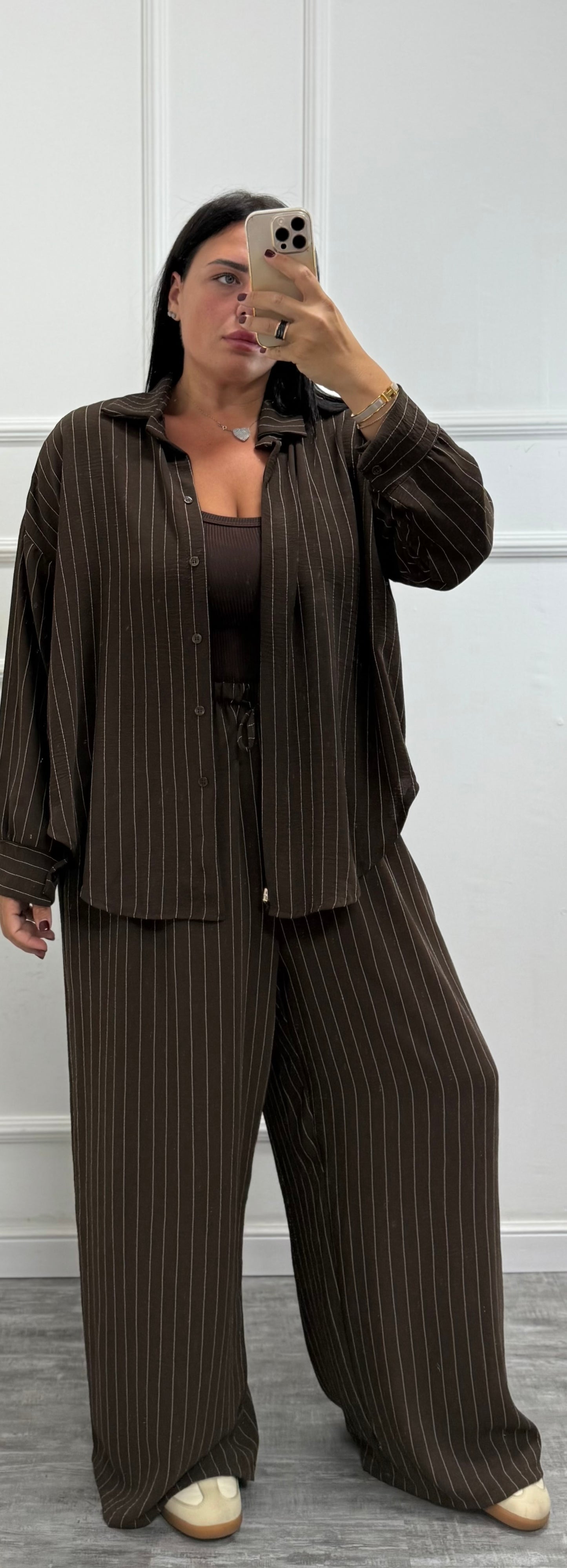 Coordinato gessato Office cioccolato curvy 46/52 25061