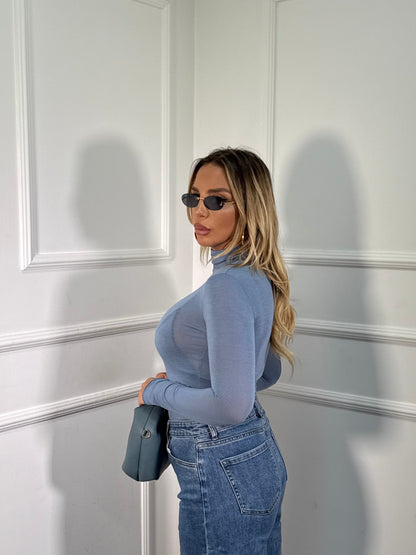 Shirt semi velata collo alto Jolly azzurro polvere misto cashmere 28029