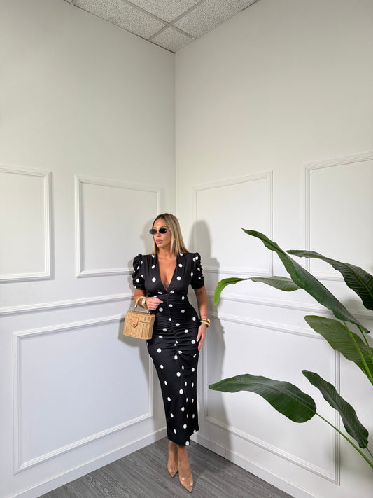 Abito midi in lycra con spalline Sunrise pois nero 6992