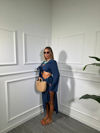 Coordinato semi velato in viscosa Seychelle blu c81117