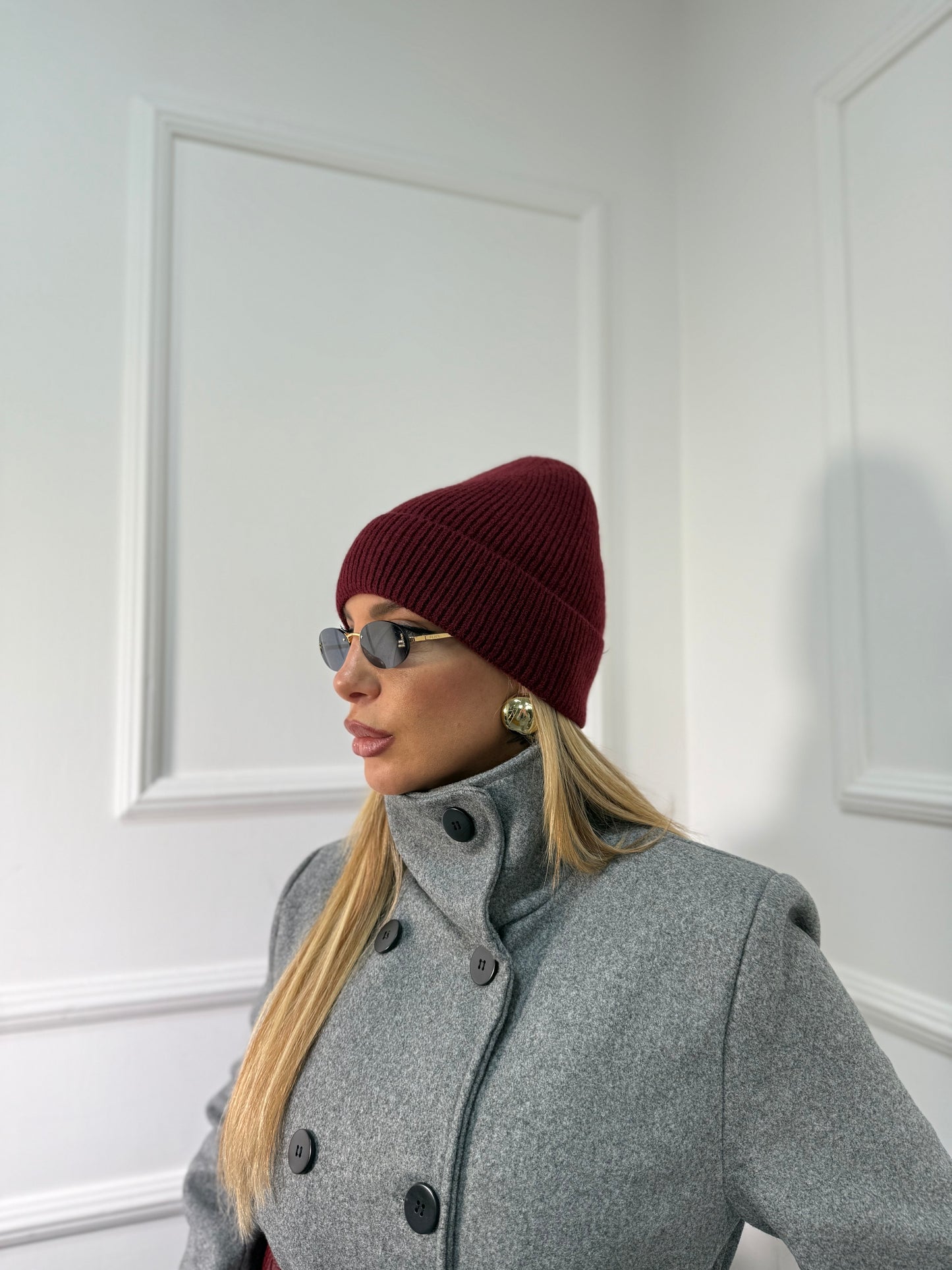 Cappello misto lana a costine Snow bordeaux