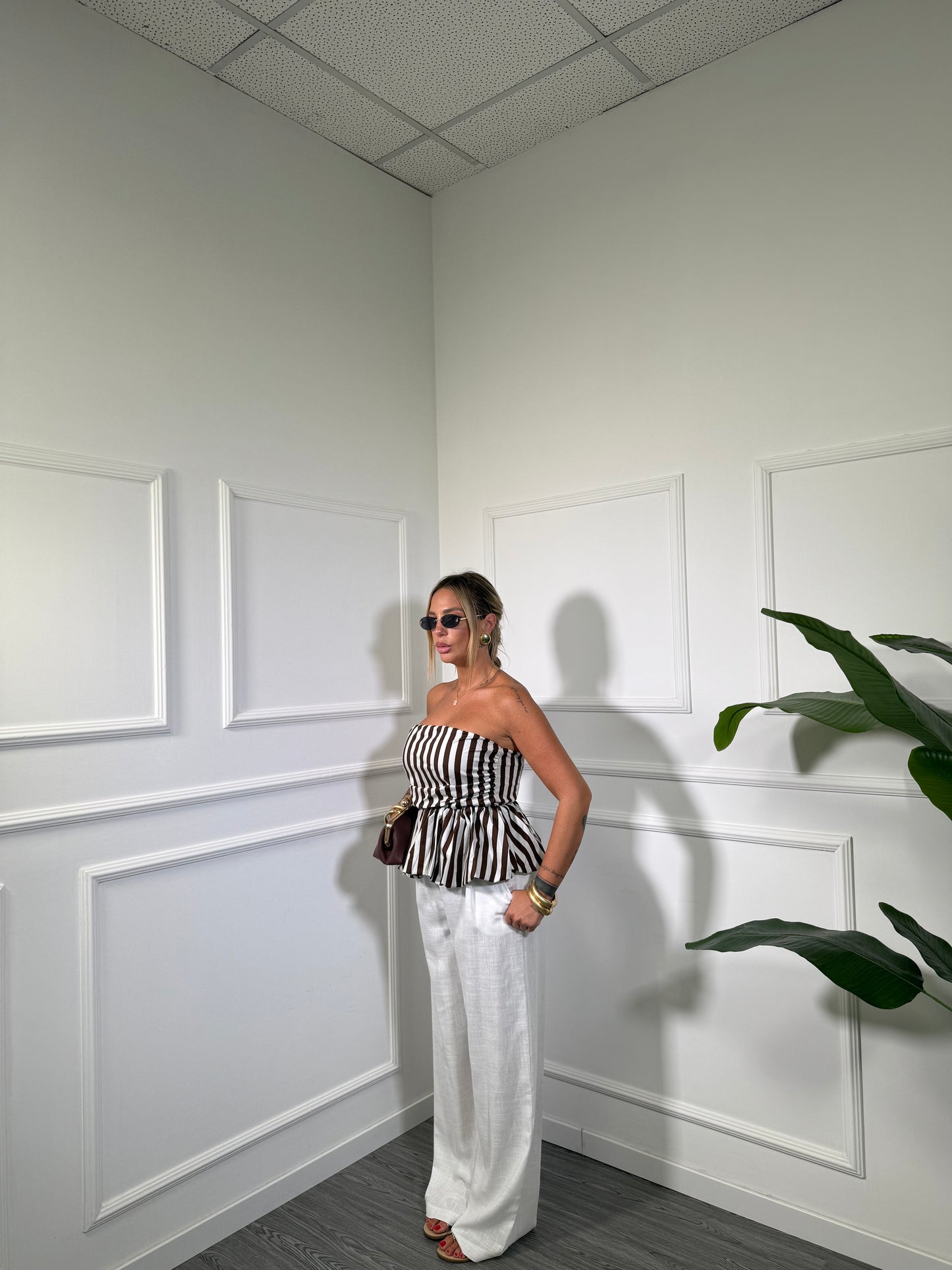 Pantaloni palazzo misto lino bianco5845