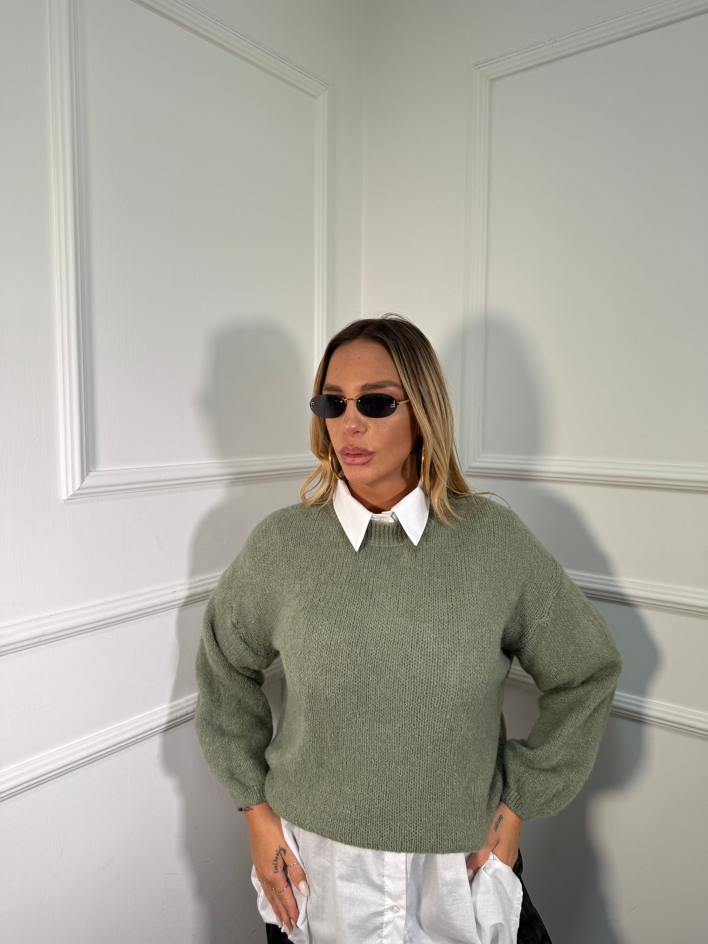 Pullover lana cotta Marshmallow verde salvia a2412