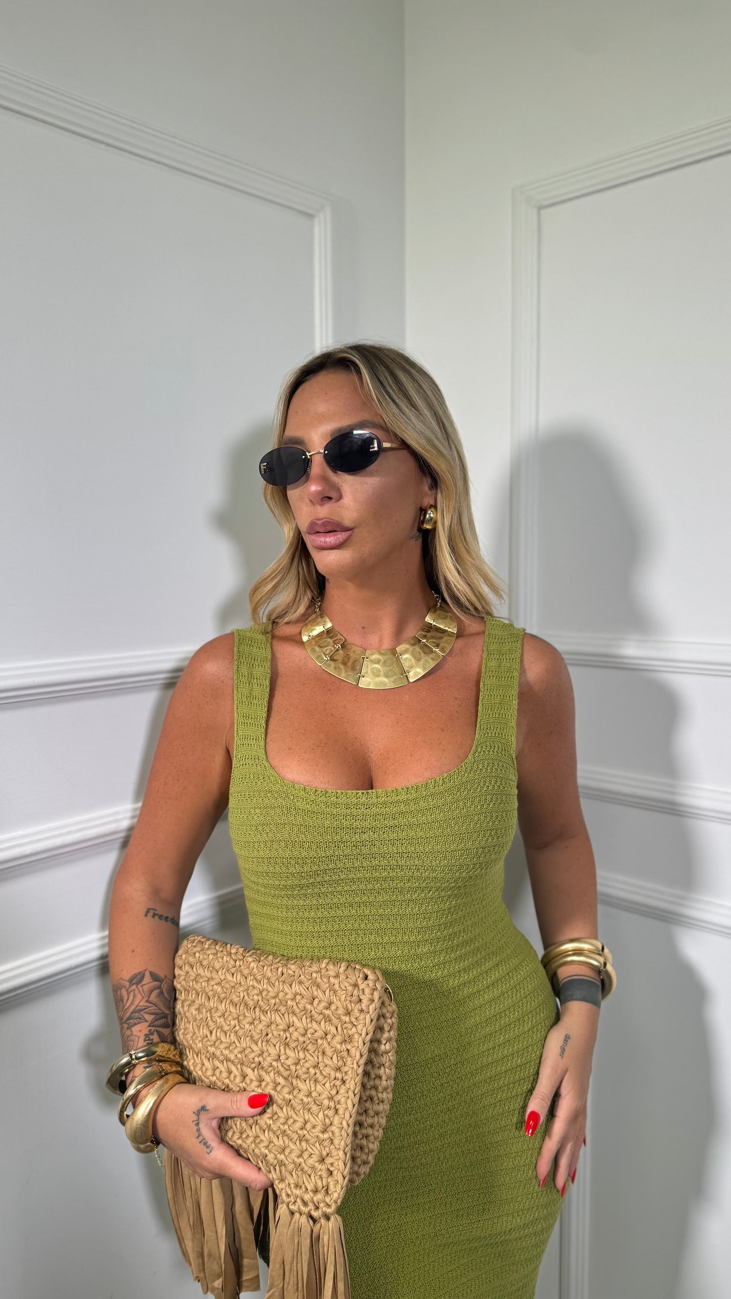 Abito midi in crochet scollo squadrato Dominique verde acido