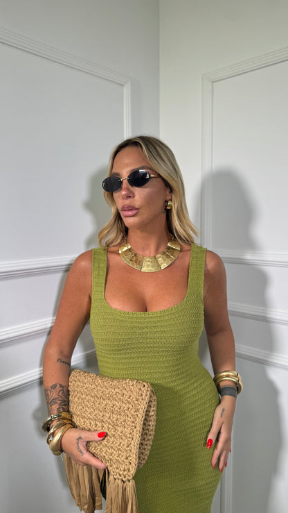 Abito midi in crochet scollo squadrato Dominique verde acido