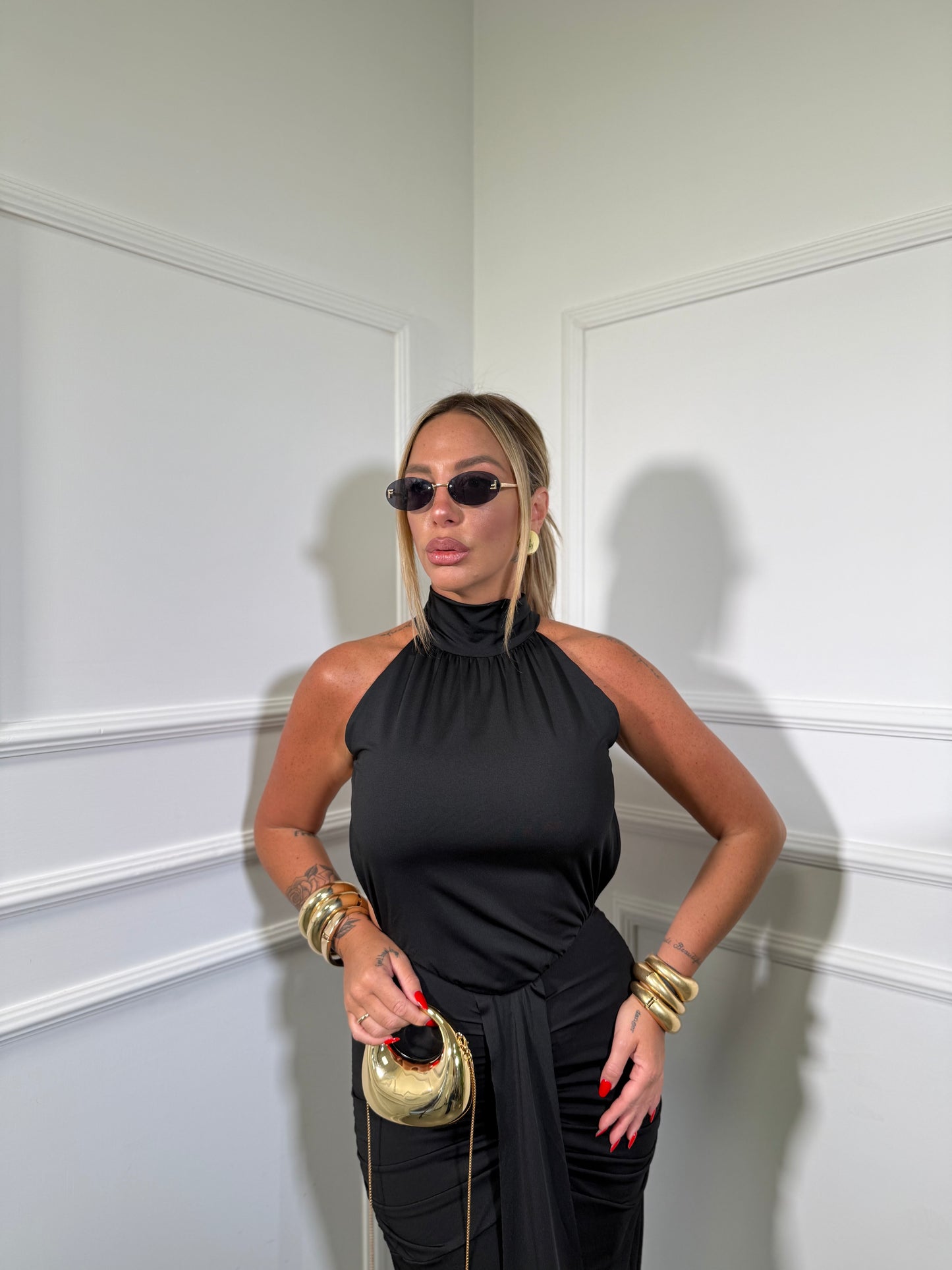 Abito lungo in lycra scollo sul retro Woman nero