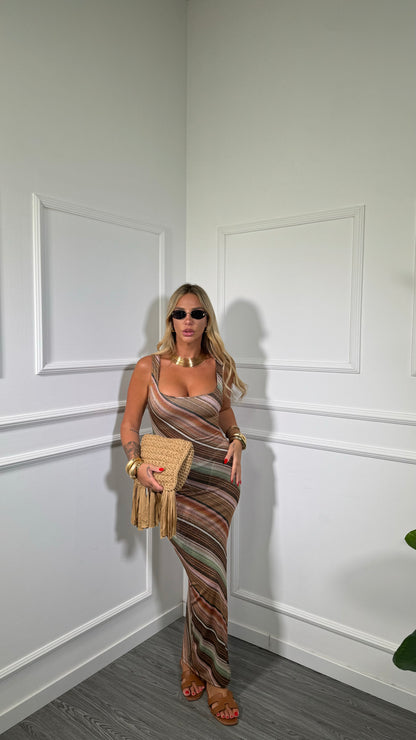 Abito midi in lurex scollo squadrato Alemagou marrone/verde 34665-66