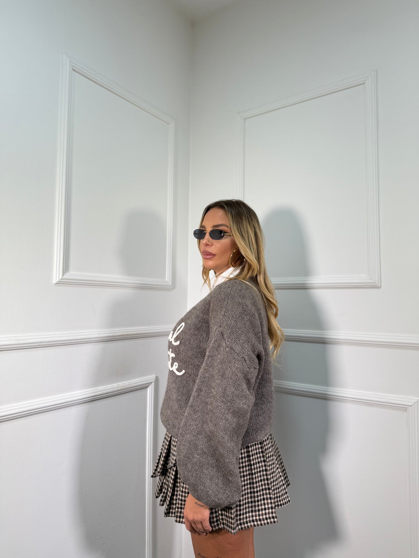 Gonna pieghe asimmetrica a quadretti marrone 25755