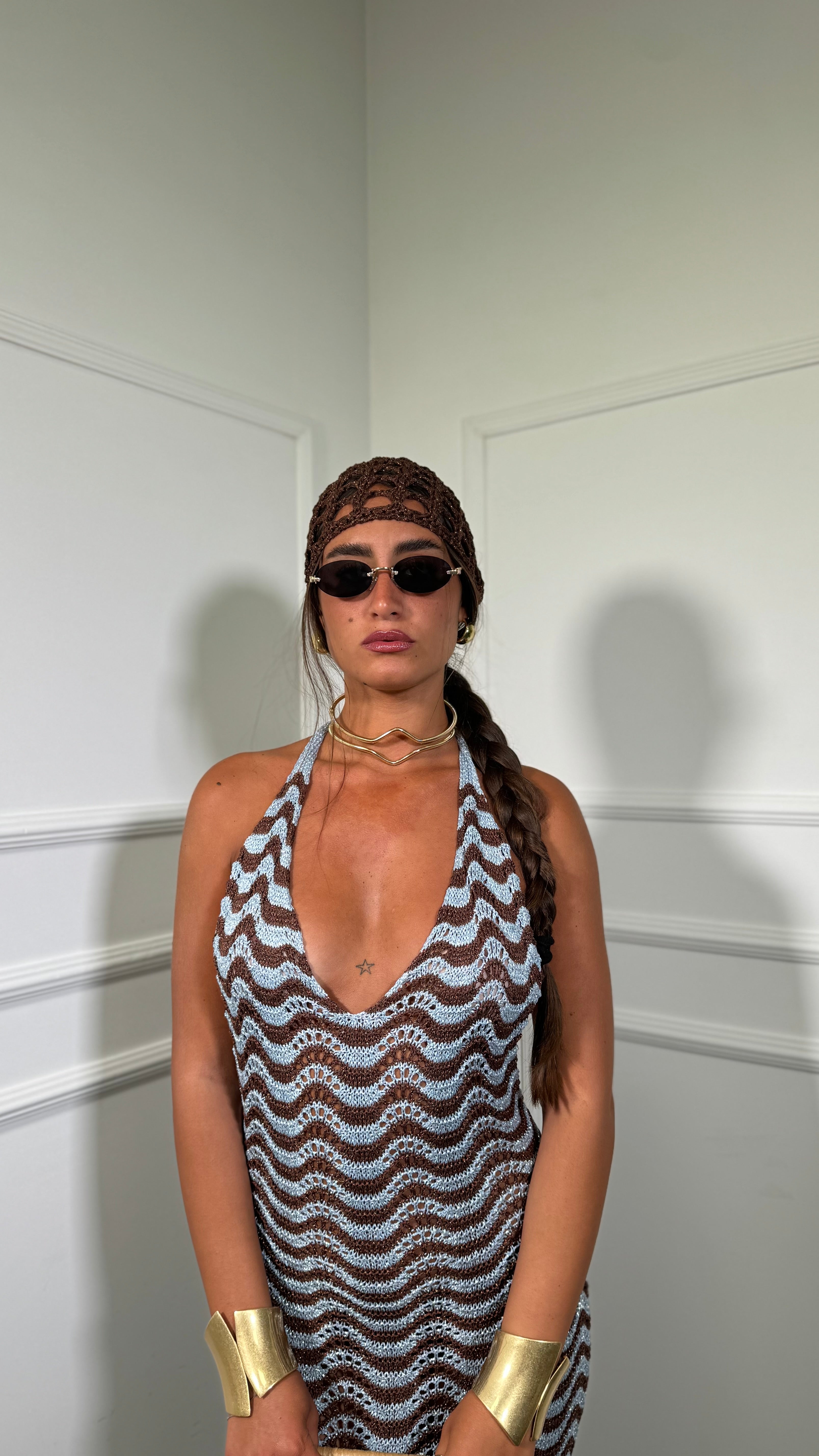 Abito midi in filo lurex zig zag Zama cioccolato/azzurro 3778