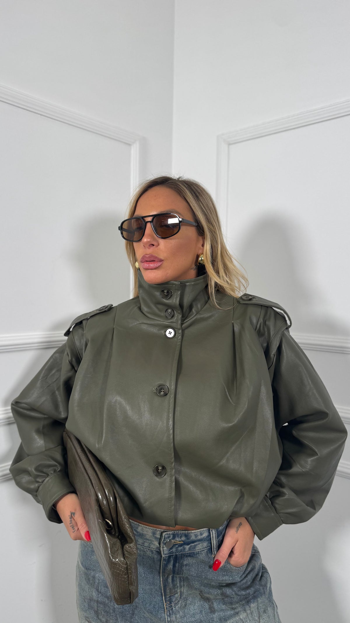 Bomber ecopelle collo alto Eden verde oliva yg26029