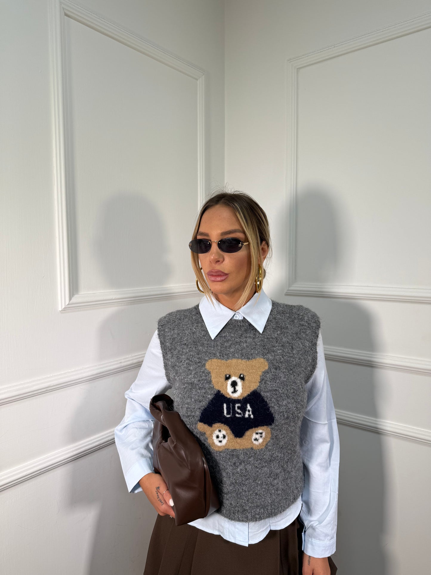 Gilet in lana cotta Teddy grigio 25780