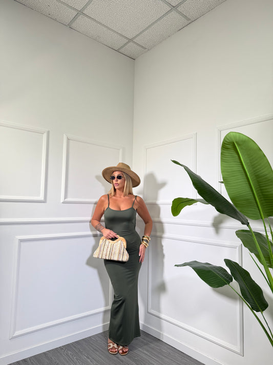 Abito midi in lycra scollo sul retro verde militare 26891