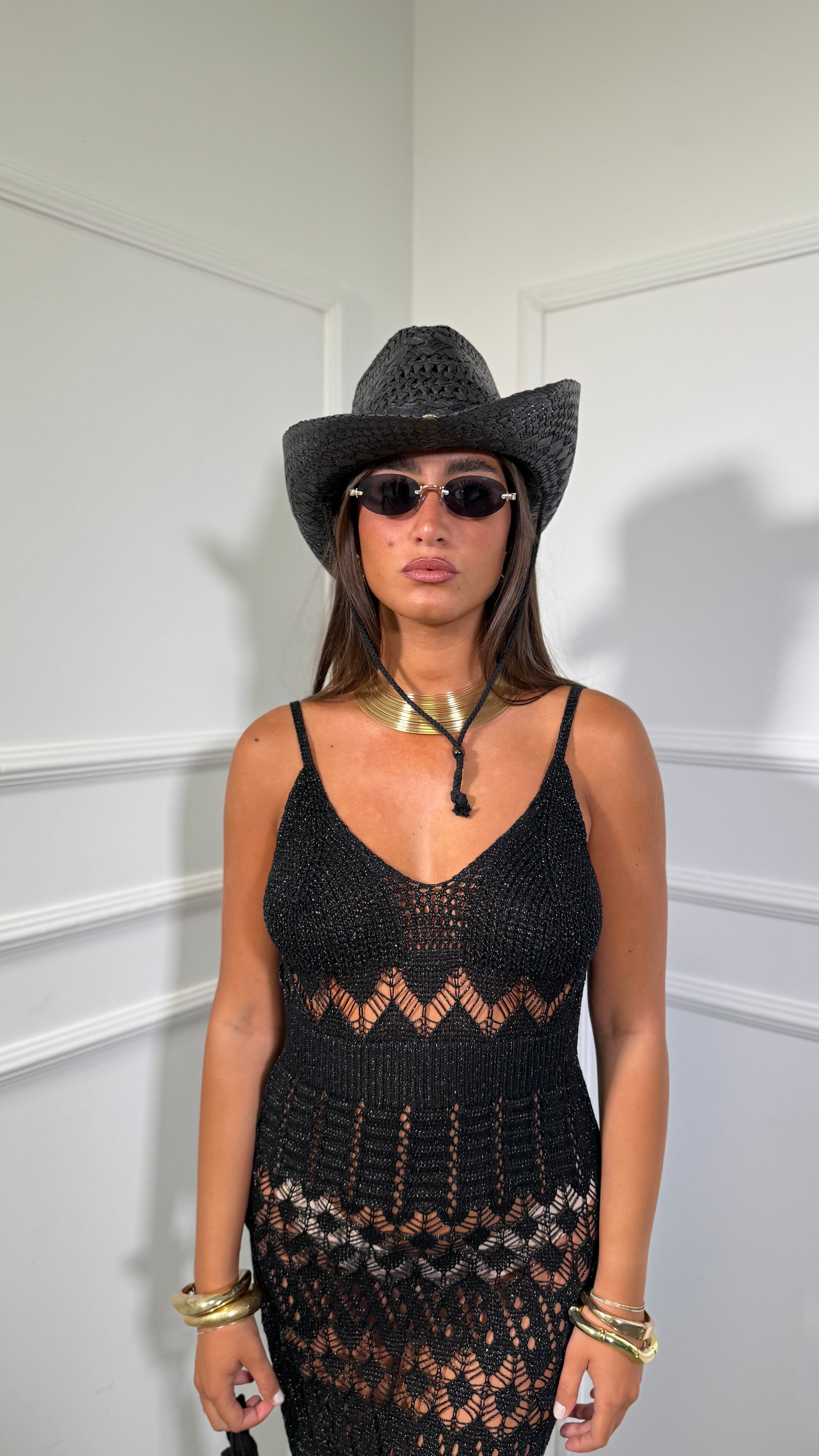 Abito lungo in filo lurex con frange Malisye nero 8150