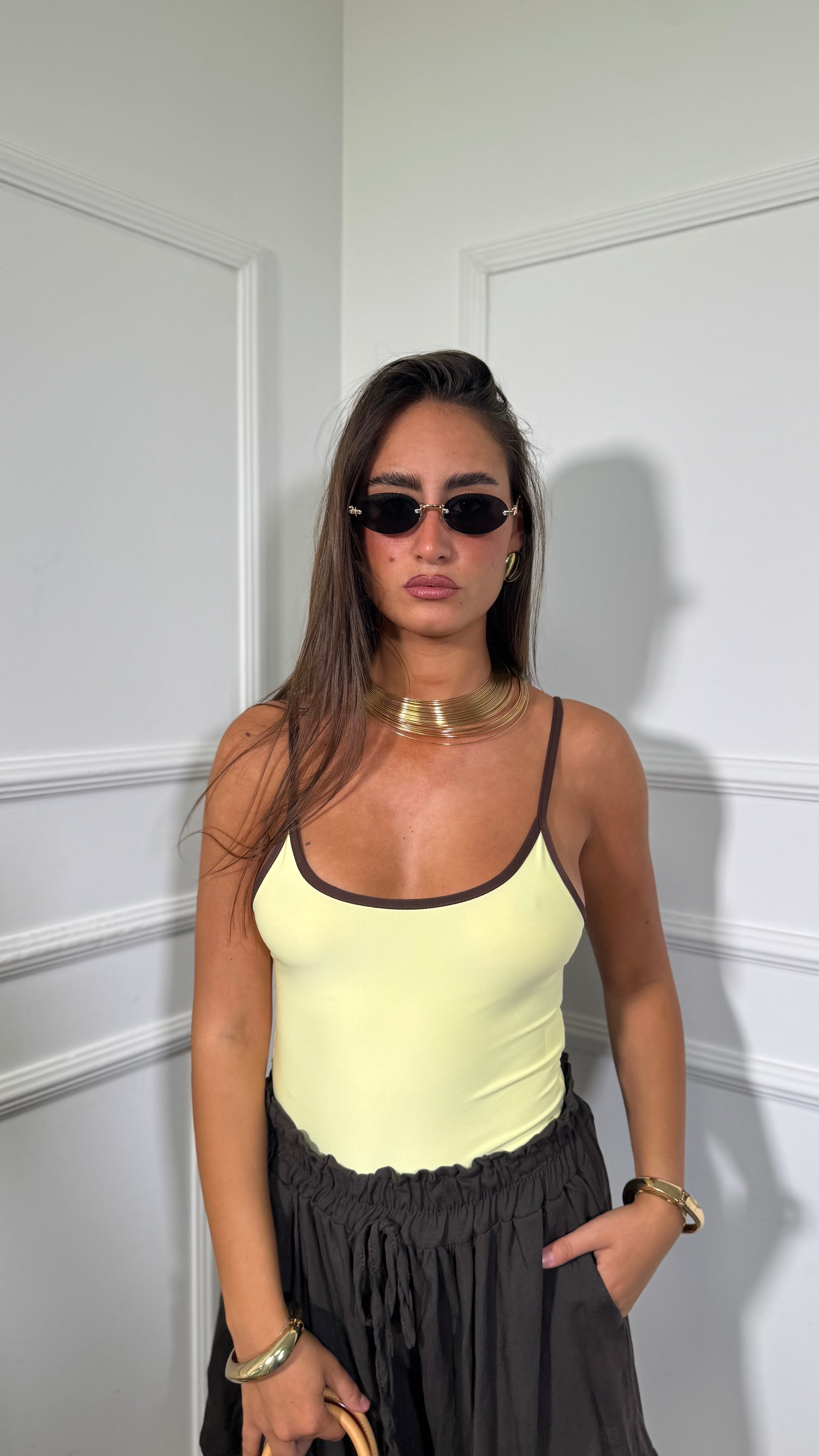 Body in lycra contrast Jessy giallo/cioccolato 26898