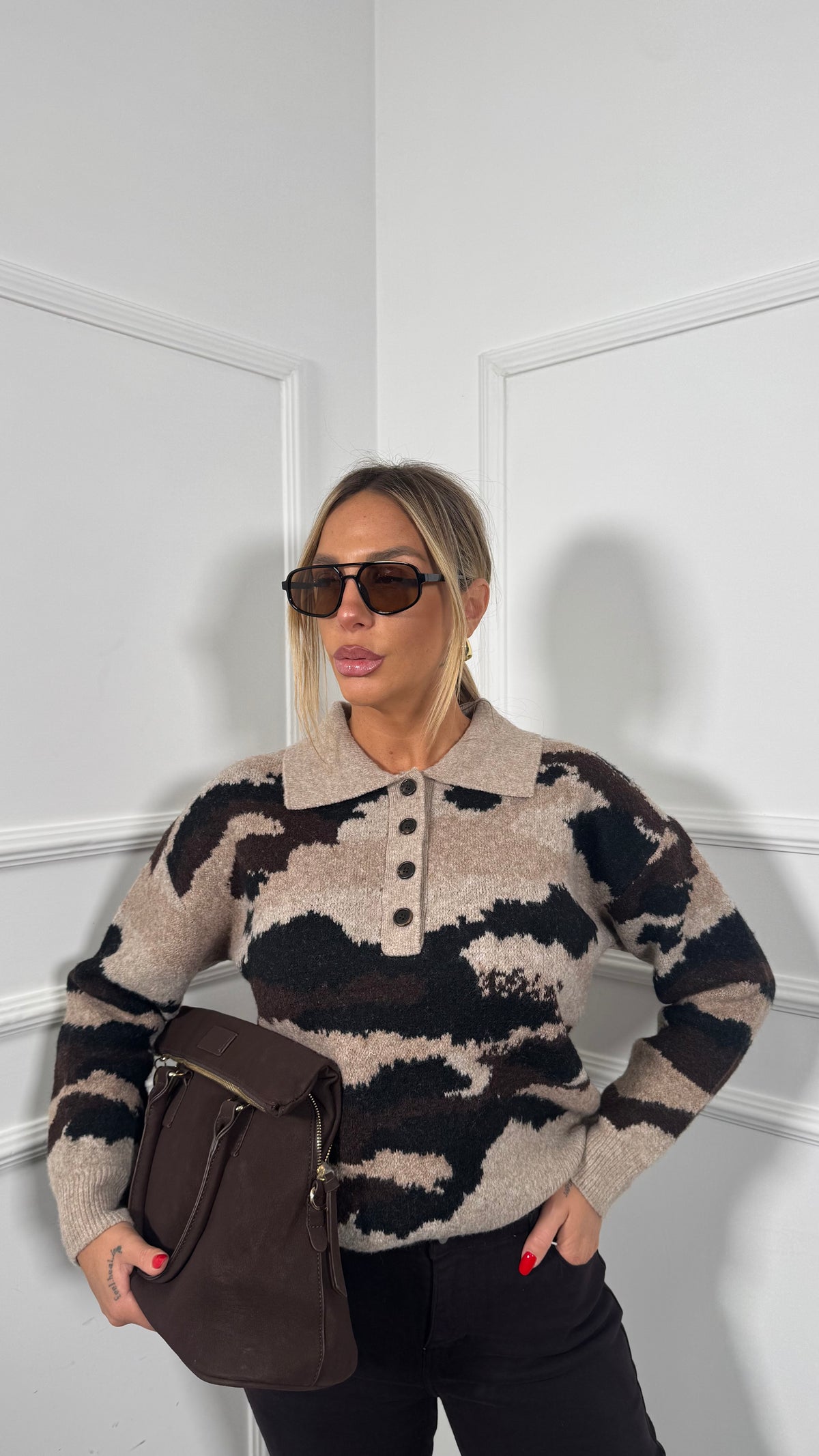 Pullover polo a fantasia in lana cotta Jilly taupe