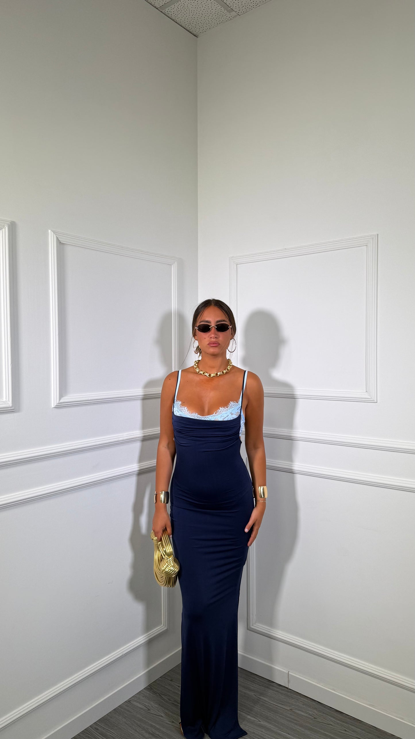 Abito lungo in lycra con bralette in pizzo blu 6073